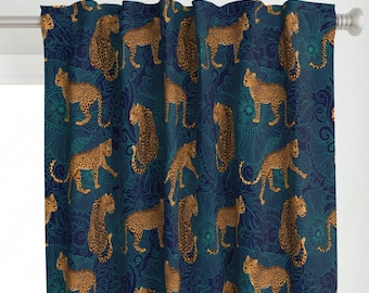 Leopard Print Curtain Panel - Leopard Jungle Midnight  by hnldesigns - Blue And Teal Exotic Animal Custom Curtain Panel by Spoonflower