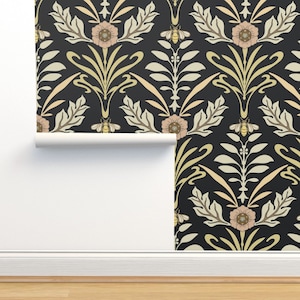 Art Nouveau Non-Pasted Wallpaper - Honey Bee And Flower  by fernlesliestudio - Art Deco Flower Wallpaper Double Roll by Spoonflower
