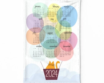 Whimsical Cat Tea Towel - Hot Air Balloon by luciafontes - 2024 Calendar Tea Towel Calendar Linen Cotton Canvas Tea Towel by Spoonflower