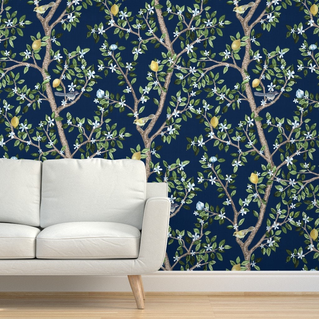 Navy Chinoiserie Wallpaper Navy Eloise With Lemons by - Etsy