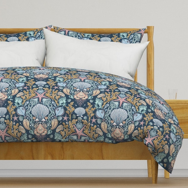 Ocean Damask Bedding - Deep Sea by rebelform - Fish Aqua Navy Sea Jellyfish Coral Cotton Sateen Duvet Cover OR Pillow Shams by Spoonflower