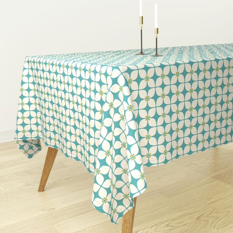 Mid Century Modern Tablecloth Square Teal Mod Petit by brainsarepretty Geometric Cotton Sateen Tablecloth by Spoonflower