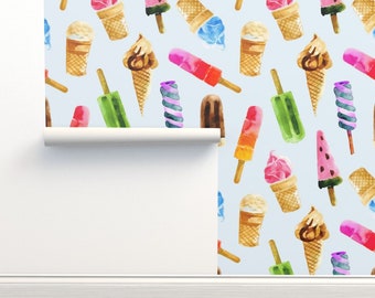 Watercolor Commercial Grade Wallpaper - Ice Cream And Popsicles by hipkiddesigns - Summer Light Blue Wallpaper Double Roll by Spoonflower
