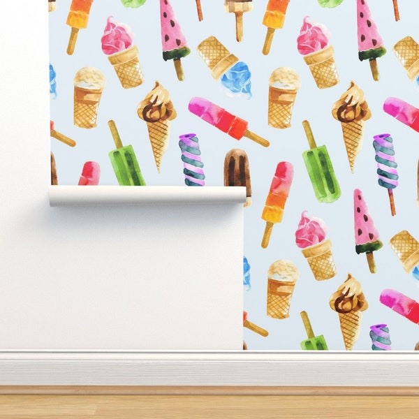 Watercolor Commercial Grade Wallpaper - Ice Cream And Popsicles by hipkiddesigns - Summer Light Blue Wallpaper Double Roll by Spoonflower