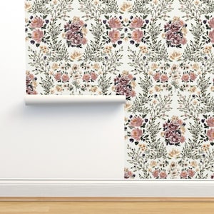 Watercolor Floral Non-Pasted Wallpaper - Fiona&#39;s Garden by sabinamariadesign - Romantic Rose Dusty Pink Wallpaper Double Roll by Spoonflower