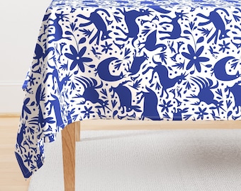 Nature Tablecloth - Mexico Springtime Cobalt On White (large Scale) by sammyk - Deer Happy Mice Cotton Sateen Tablecloth by Spoonflower