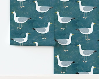 Bird Non-Pasted Wallpaper Cute Teal Beach Sea Humor Ocean Nautical Gull Seagull - Seagulls by nicsquirrell Wallpaper by Spoonflower