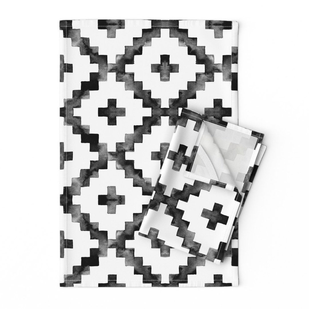Black and White Tea Towels set of 2 Watercolor Diamond Chevron by