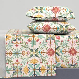 Botaniska Kakelplattor - Nostalgisk Vintage Kakel av garabateo - Vintage Akvarell Måleri Bomull Satin Lakanset Sängkläder av Spoonflower
