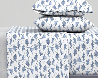 Gray Blue Dinosaur Sheets - Watercolor Dinos Blue by cozycottontail - Watercolor Small Scale Cotton Sateen Sheet Set Bedding by Spoonflower