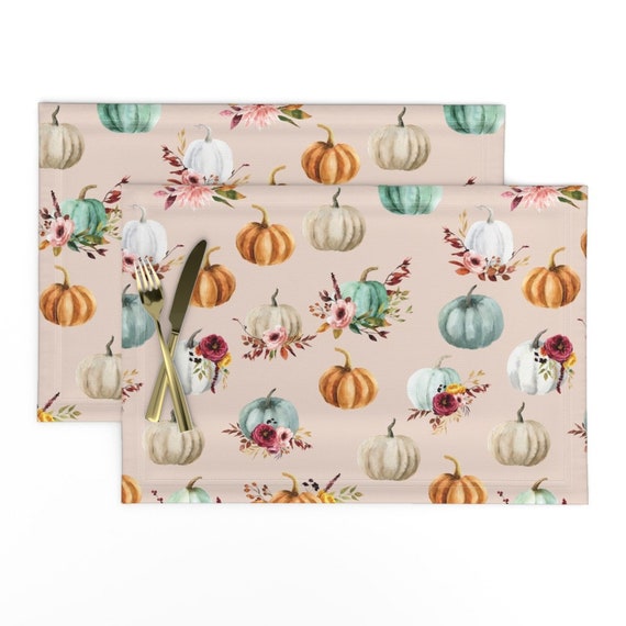 Autumn Placemats set of 2 Floral Pumpkins by Ivieclothco