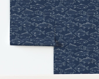 Fish Non-Pasted Wallpaper Navy Lake Fishing Carp Salmon Camping Bass Perch Trout - Freshwater Fish by arthousewife Wallpaper by Spoonflower