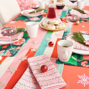Pink Christmas Cotton Dining Collection - Retro Maximalist Vintage Midcentury Printed Tablecloths, Placemats, Napkins, and Table Runner