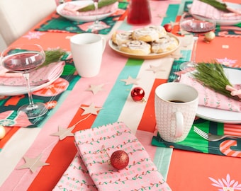 Pink Christmas Cotton Dining Collection - Retro Maximalist Vintage Midcentury Printed Tablecloths, Placemats, Napkins, and Table Runner