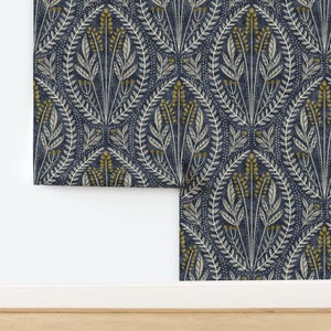 Farmhouse Damask Non-Pasted Wallpaper Wheat Field Beige Blue Rustic Farm - Wheat Navy by amy_maccready Wallpaper by Spoonflower