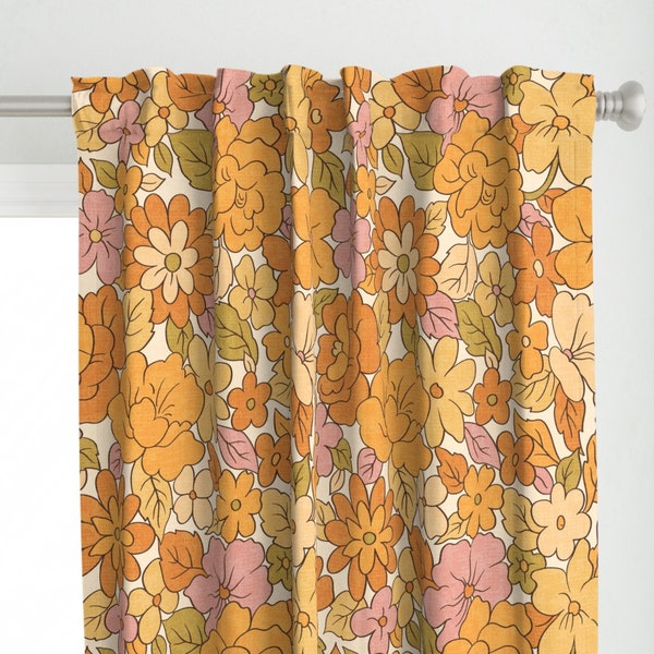 1970s Floral Curtain Panel - Retro Floral by emikundesigns - Flowers Vintage Nostalgia Seventies  Custom Curtain Panel by Spoonflower