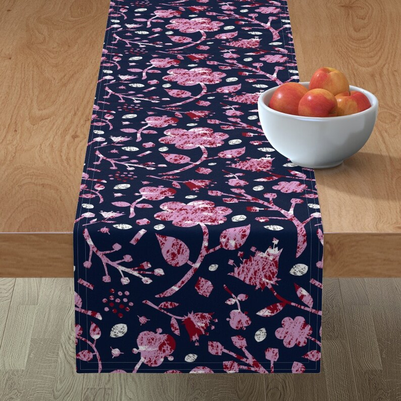 Batik Navy Orchid Lavender Cotton Sateen Table Runner by Spoonflower Orchid And Navy Floral by lucybaribeau Floral Table Runner