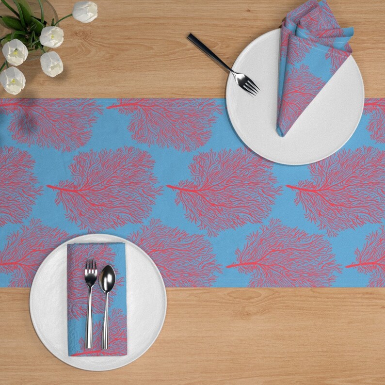 Nautical Ocean Sea Life Cotton Sateen Table Runner by Spoonflower Fan Corals On Blue by helenpdesigns Bright Coral Reef Table Runner