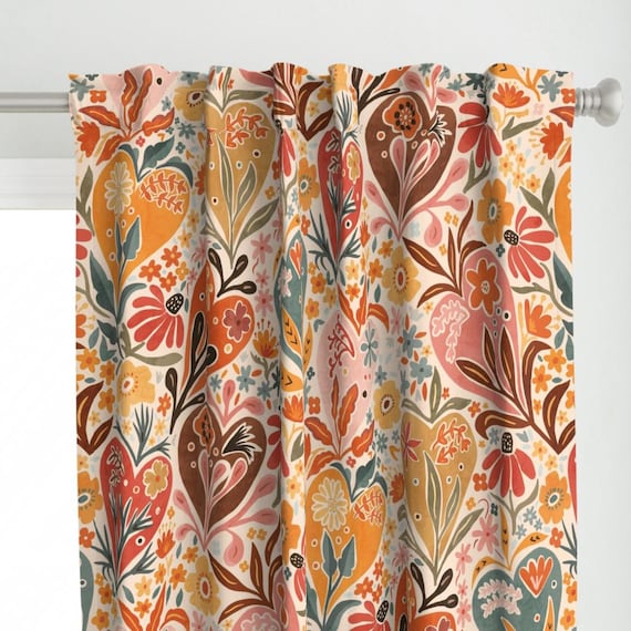 Warm Boho Floral Curtain Panel - Pink Botanical Warm Colors Garden Bloom Custom Curtain Panel - Bohemian Love Floral by creativeinchi -