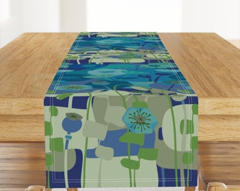 Floral Table Runner - Mid Century Modern Retro Mod Vintage Style Blue Green Cotton Sateen Table Runner - Mod Poppies In Blue by wren_leyland