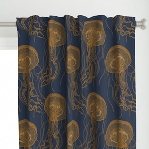 Mustard Nautical Curtain Panel - Jellyfish by hnldesigns - Modern Beach Large Scale Jellies Steampunk Custom Curtain Panel by Spoonflower