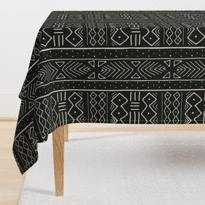 Mudcloth Tablecloth - Mudcloth In Bone On Black by domesticate - Black Cream African Tribal Cotton Sateen Tablecloth by Spoonflower