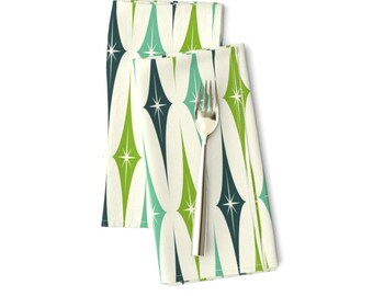 Mid Century Modern Dinner Napkins Set of 2 - Retro Inspired Lime Green Aqua Atomic Era  Cloth Napkins - Starburst Diamonds  by studioxtine