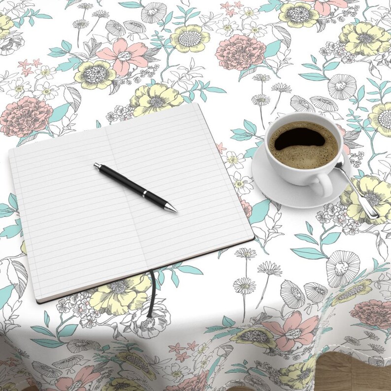 Floral Bridesmaid Pink Yellow Cotton Sateen Round Tablecloth by Roostery with Spoonflower Fabric Round Tablecloth Daily Bloom by leanne