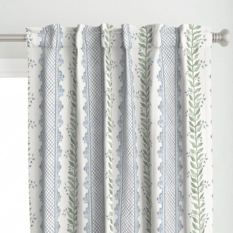 Watercolor Stripe Curtain Panel Blue Lace on Cream by Etsy