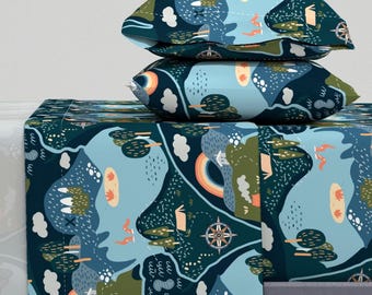 Whimsical Sheets - Seek Adventure Map by sarah_mcalpine_art - Treasure Adventure Map Lagoon Cotton Sateen Sheet Set Bedding by Spoonflower