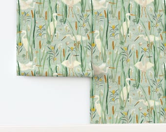 Coastal Egrets Non-Pasted Wallpaper Bird Green Yellow Butterfly Plants - Birds Of The Coast by katherine_quinn Wallpaper by Spoonflower