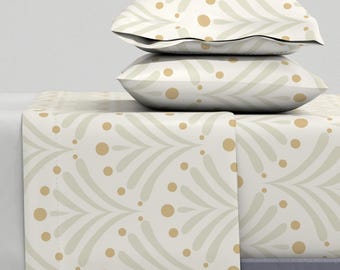 Geometric Sheets - Warm Minimalist by maddartstudios - Botanical Neutral Cream Beige Leaves Cotton Sateen Sheet Set Bedding by Spoonflower