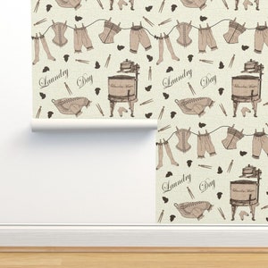 Vintage Laundry Non-Pasted Wallpaper - Vintage Laundry Day by jabiroo - Gadgets Geek Retro Laundry Pegs Wallpaper Double Roll by Spoonflower