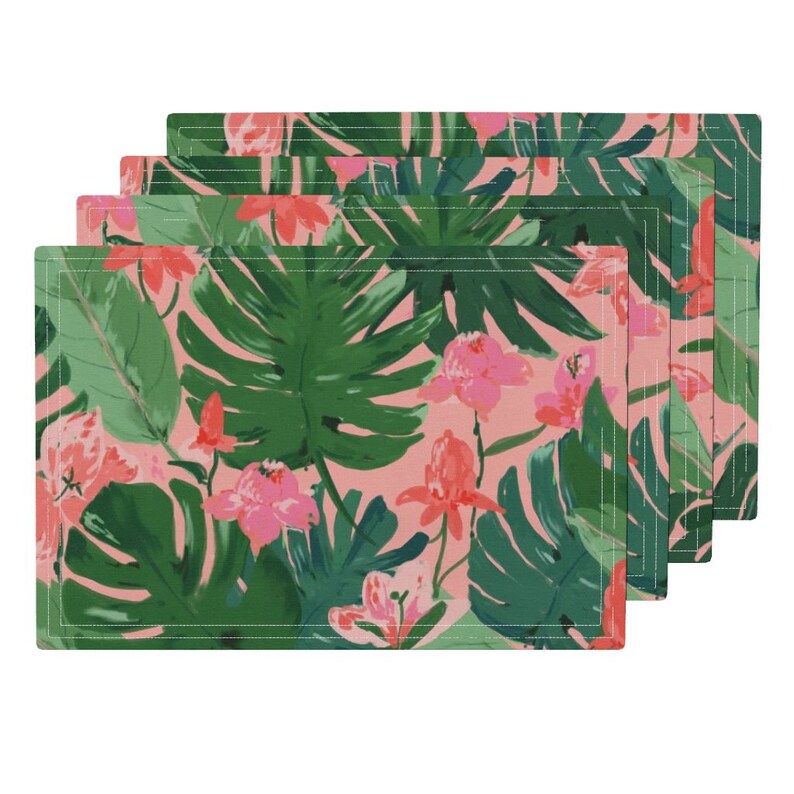 Tropical Foliage Placemats Jungle Tropical Floral Leaves Cloth Placemats by Spoonflower - Floral Coral /& Pink by alison/_janssen Set of 4