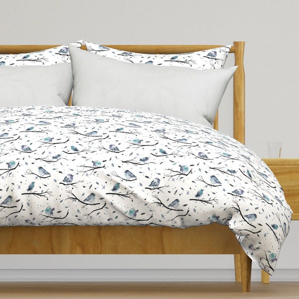 Birds Bedding - Winter Birds by ninola-design - White Blue Woodland Animals Winter  Cotton Sateen Duvet Cover OR Pillow Shams by Spoonflower