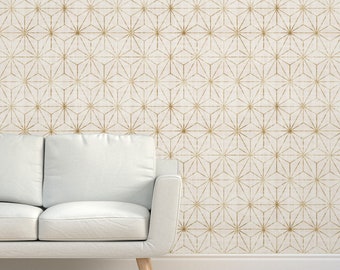 Sashiko Star Grasscloth Wallpaper - Star Geo Cream Gold van crystal_walen- Boho Japanse geometrische getextureerde Sisal Wallpaper van Spoonflower