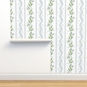 Regency Stripe Non-Pasted Wallpaper - Emma Blue And Green by danika_herrick - Watercolor Cottagecore Wallpaper Double Roll by Spoonflower