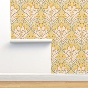 Yellow Floral Damask Non-Pasted Wallpaper - Crocus Art Nouveau by mia_valdez - Vintage Flowers Wallpaper Double Roll by Spoonflower