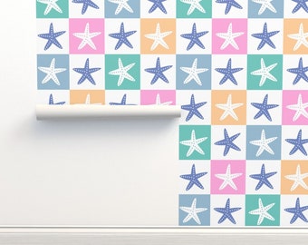 Pastel Starfish Commercial Grade Wallpaper - Starfish Checks de lr-studio - Colorful Checks Whimsical Wallpaper Double Roll de Spoonflower