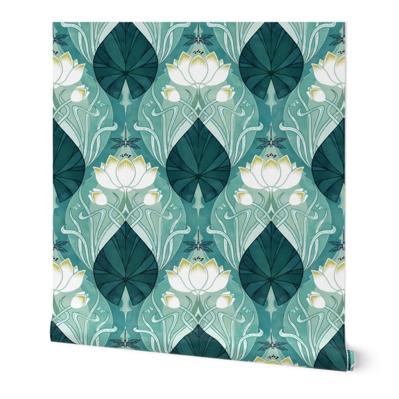 Art Nouveau Commercial Grade Wallpaper Teal Waterlily by Etsy