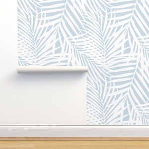 Palm Non-Pasted Wallpaper - Fronds by danika_herrick - Light Blue Leaves Palm Fronds Summer Tropical Wallpaper Double Roll by Spoonflower