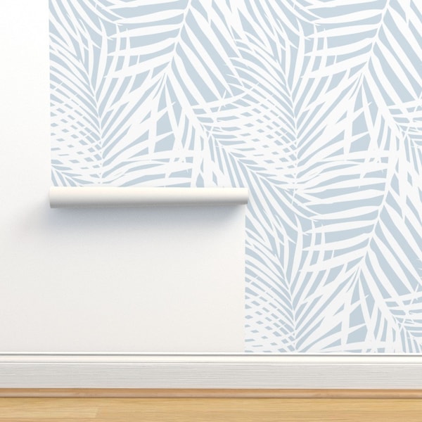 Palm Non-Pasted Wallpaper Light Blue Leaves Palm Fronds Summer Tropical - Fronds by danika_herrick Wallpaper Double Roll by Spoonflower