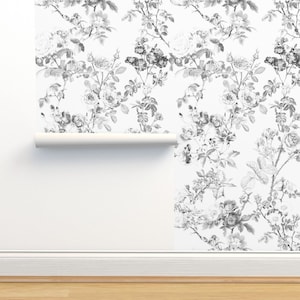 Floral Toile Non-Pasted Wallpaper - English Rose by peacoquettedesigns - Cottage Garden Black And White Wallpaper Double Roll by Spoonflower