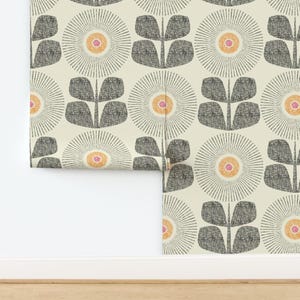 Mid Century Modern Non-Pasted Wallpaper - Sunflowers by maeparadise - Retro Floral Large Scale Neutral Wallpaper Double Roll by Spoonflower