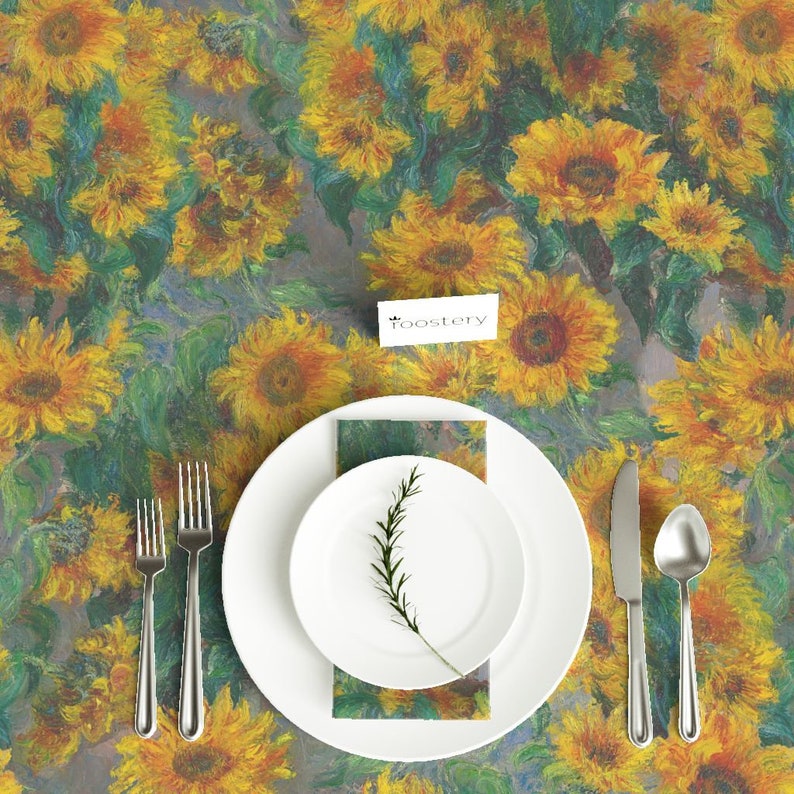Monet/'s Sunflowers By Weavingmajor Rectangular Tablecloth jumbo Summer Bantam Cotton Sateen Tablecloth Spoonflower Fabric