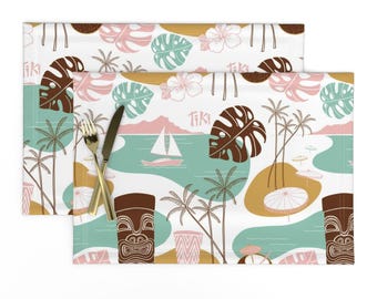 Mid Century Placemats Set of 2 - Hawaiian Mid Century Modern Tiki Retro Beach  Cloth Placemats - Mid Mod Tiki Time by heather_anderson