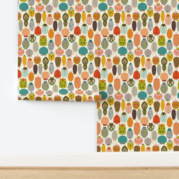 Midcentury Modern Non-Pasted Wallpaper Vintage Bugs Retro Insects - Beetley Bop by katerhees Wallpaper Double Roll by Spoonflower