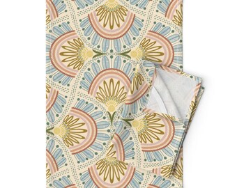 Vintage Boho Tea Towels Set of 2 - Bohemian Delicate Seventies Pastels Sunburst Home Decor Linen Cotton - - Retro Floral Arches by kirstudio