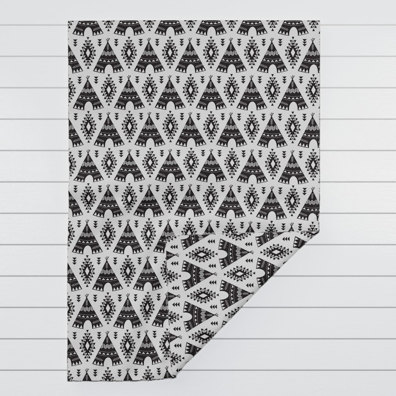 Aztec Teepees Indian Black Throw Blanket with Spoonflower Fabric Tribal Teepees Black /& White by bohemiangypsyjane Boho Throw Blanket