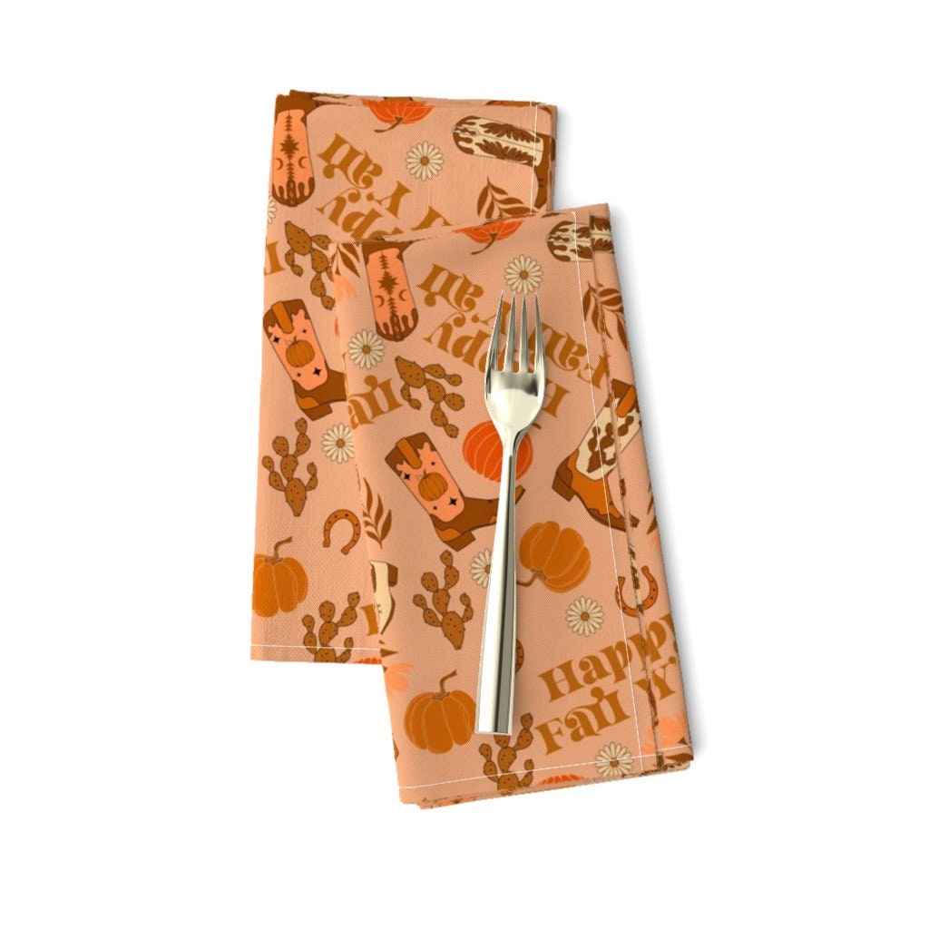 Happy Fall Yall Dinner Napkins Set of 2 Boho Fall Girl by charlottewinter Pumpkin Spice Western Cowgirl Cloth Napkins by